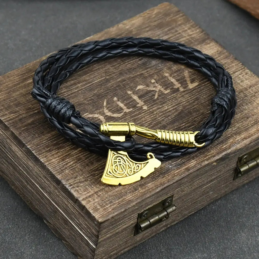 Men’s Jewelery Ax Wrap Anchor Viking Leather Bracelet - Black Chain Gold