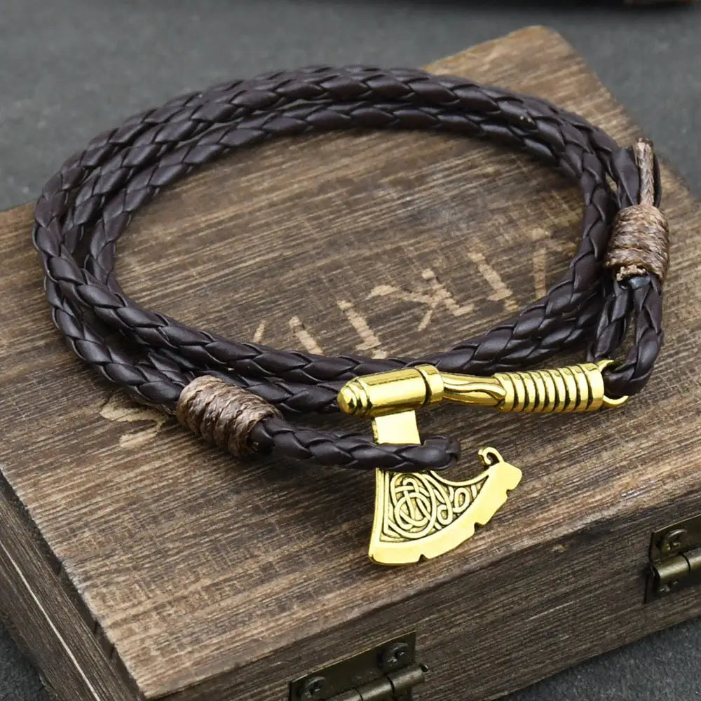 Men’s Jewelery Ax Wrap Anchor Viking Leather Bracelet - Brown Chain Gold