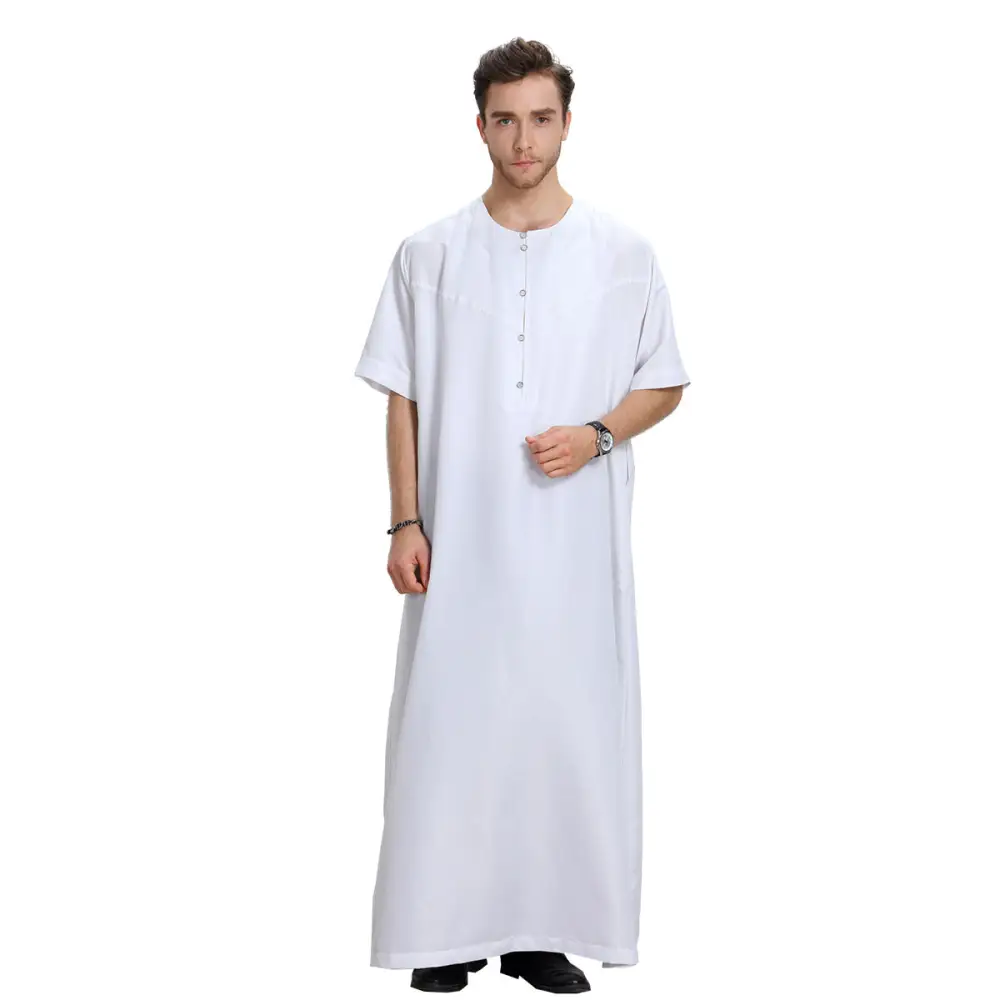 Men’s Muslim Arab Short-sleeved Solid Color Robe - White / S