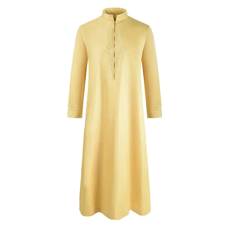 Men’S Robe Solid Color Embroidered Middle East Muslim Long-Sleeved Foreign Trade Robe - Yellow / M