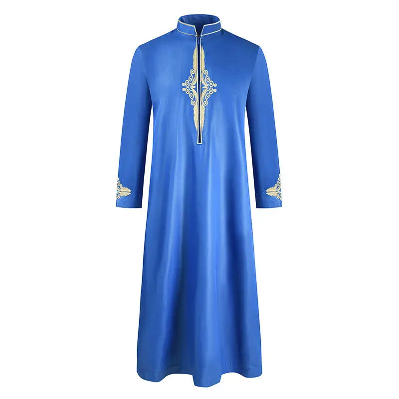 Men’S Robe Solid Color Embroidered Middle East Muslim Long-Sleeved Foreign Trade Robe - Blue / M