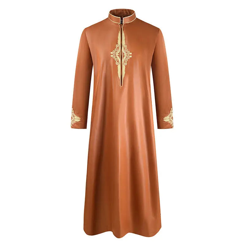 Men’S Robe Solid Color Embroidered Middle East Muslim Long-Sleeved Foreign Trade Robe - Orange / M