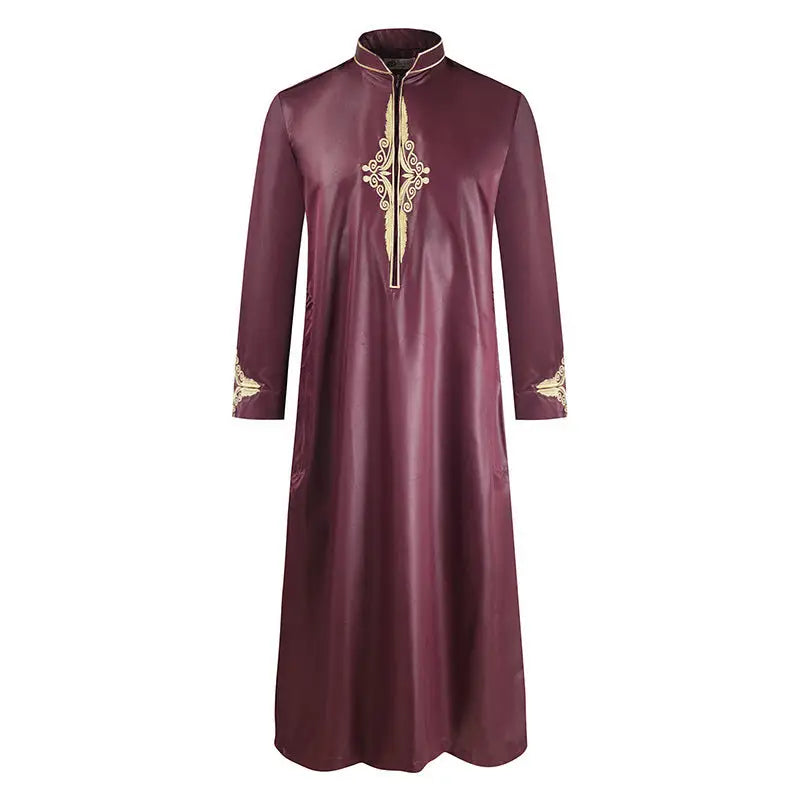 Men’S Robe Solid Color Embroidered Middle East Muslim Long-Sleeved Foreign Trade Robe - Wine Red / M