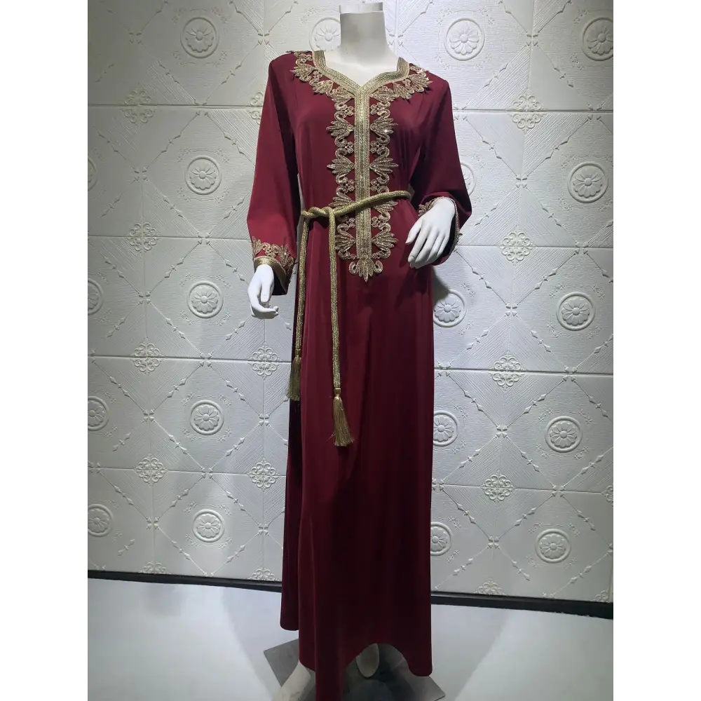 Middle East Dubai Embroidered Long Skirt Muslim Women Embroidered Bronzing Lace Dress - Wine Red / S