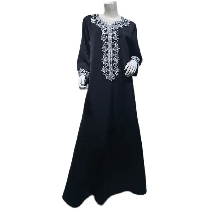 Middle East Dubai Embroidered Long Skirt Muslim Women Embroidered Bronzing Lace Dress - Black / S