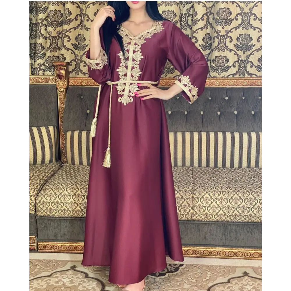 Middle East Dubai Embroidered Long Skirt Muslim Women Embroidered Bronzing Lace Dress