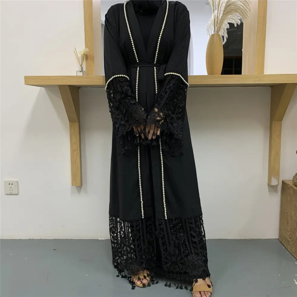 Middle East Muslim Fashion Beaded Lace Lace Stitching Cardigan Tassel Robe - Black / S