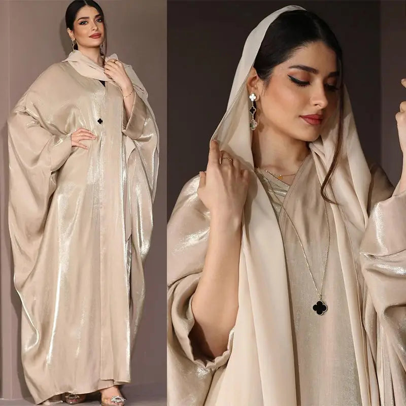 Middle East Muslim Fashion Bright Silk Satin Robe Women’s Clothing