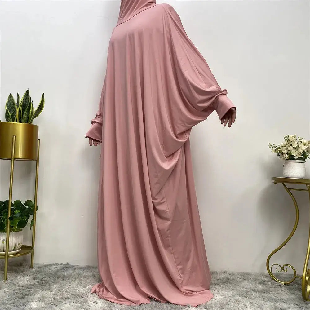 Middle East Women’s Traditional Solid Color Long Sleeve Loose Robe Abaya - 5 Pink / Free Size