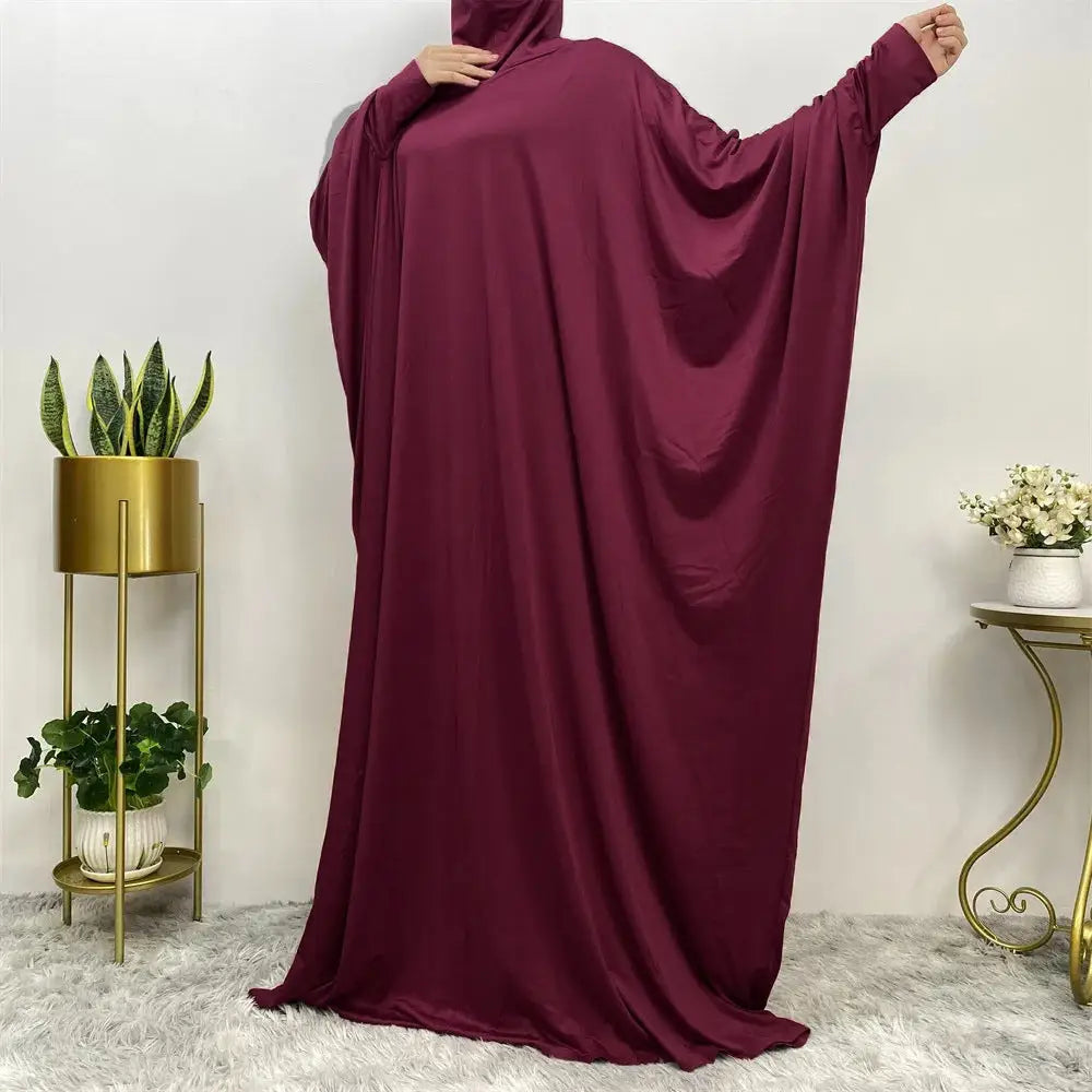 Middle East Women’s Traditional Solid Color Long Sleeve Loose Robe Abaya - 12Purplish Red / Free Size