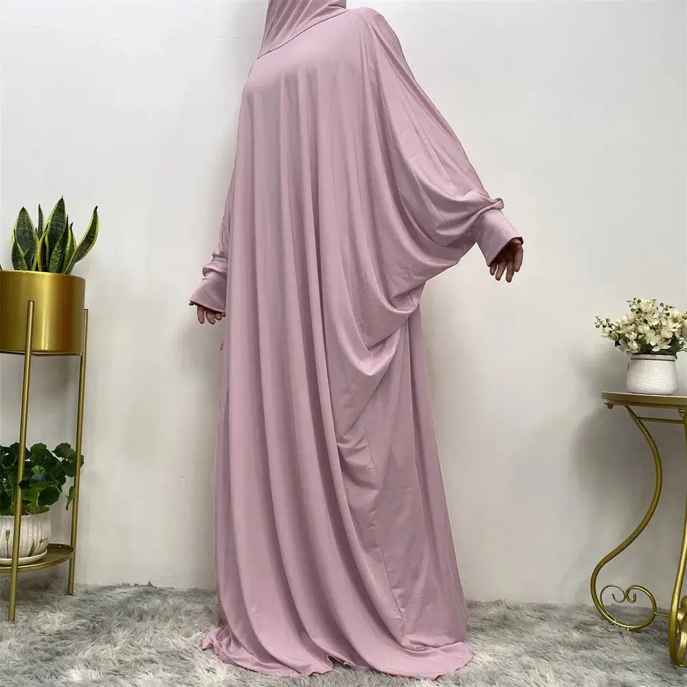 Middle East Women’s Traditional Solid Color Long Sleeve Loose Robe Abaya - 9Deep Pink / Free Size