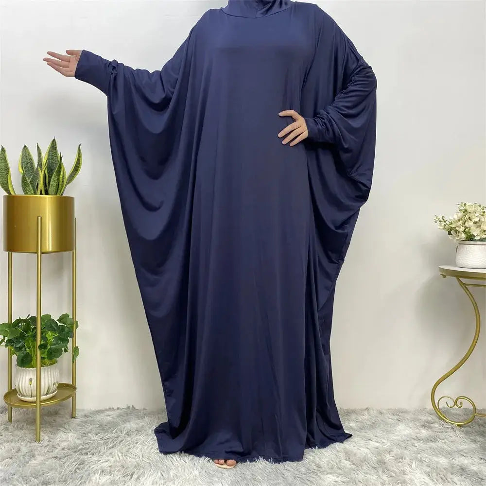 Middle East Women’s Traditional Solid Color Long Sleeve Loose Robe Abaya - 8Dark Blue / Free Size