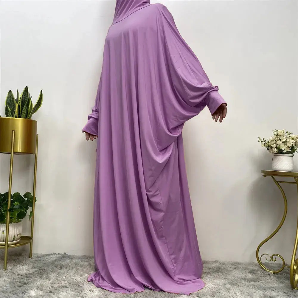 Middle East Women’s Traditional Solid Color Long Sleeve Loose Robe Abaya - 3Light Purple / Free Size