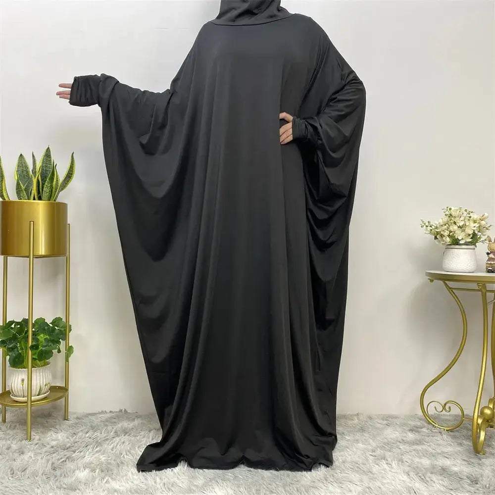 Middle East Women’s Traditional Solid Color Long Sleeve Loose Robe Abaya - 7Black / Free Size