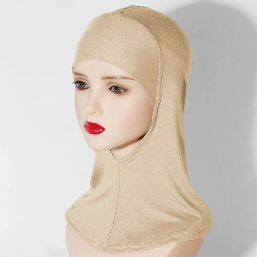 Multi-Color Breathable Neck High Elastic Base Cap Cover Turban - Beige