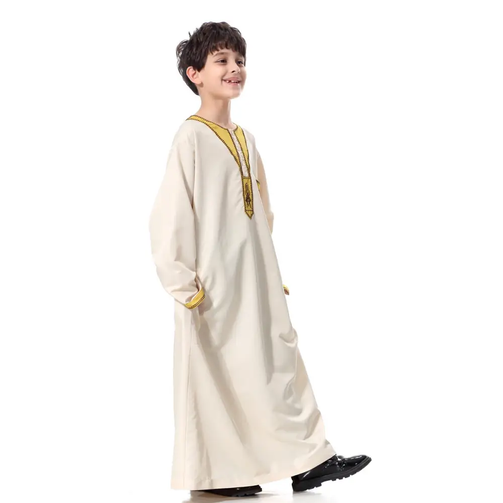 Muslim Arab Middle Eastern Youth Embroidered Round Neck Boy Robe - Cream color / S