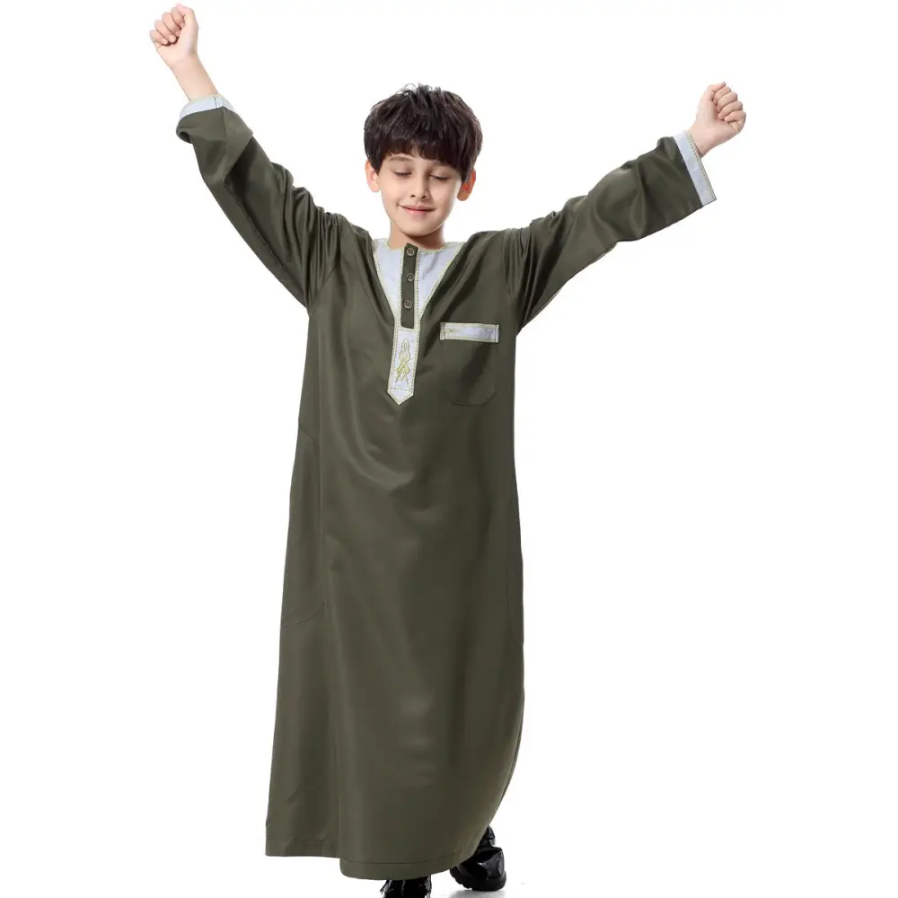 Muslim Arab Middle Eastern Youth Embroidered Round Neck Boy Robe - ArmyGreen / S