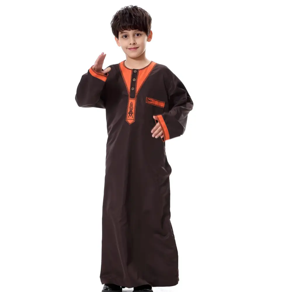 Muslim Arab Middle Eastern Youth Embroidered Round Neck Boy Robe - Brown / S
