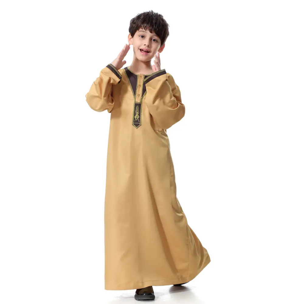Muslim Arab Middle Eastern Youth Embroidered Round Neck Boy Robe - Light Yellow / S