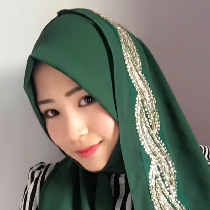 Muslim Chiffon sprinkled gold long scarf - green / 180X70CM
