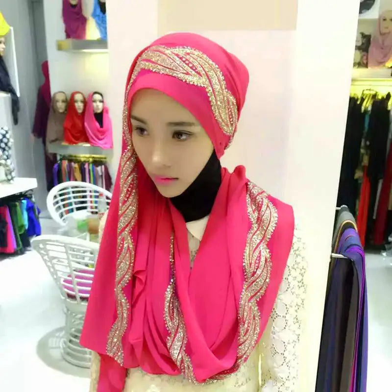 Muslim Chiffon sprinkled gold long scarf - Rose red / 180X70CM