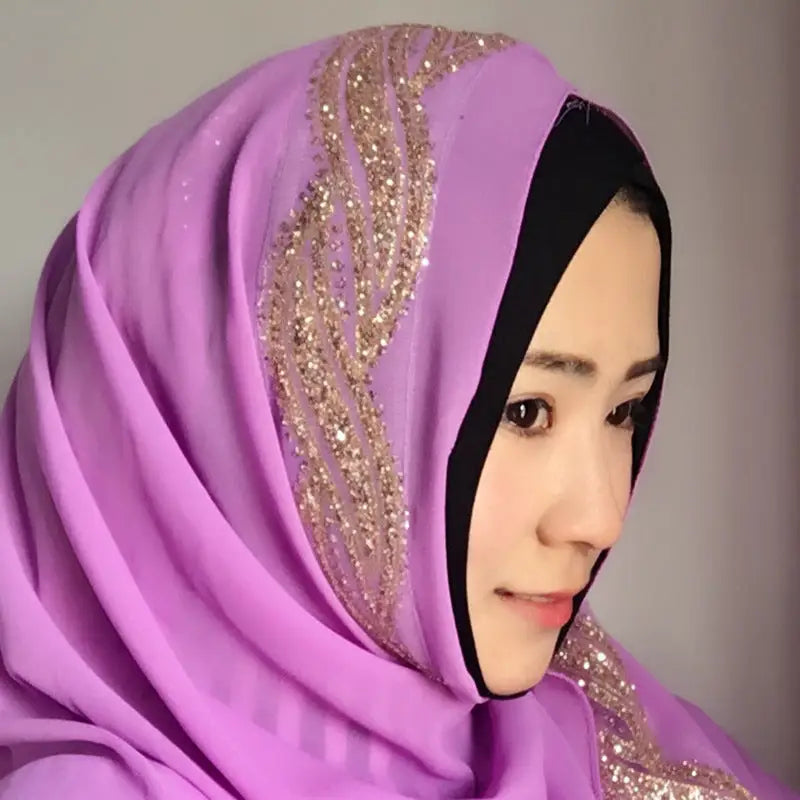 Muslim Chiffon sprinkled gold long scarf - Violet / 180X70CM