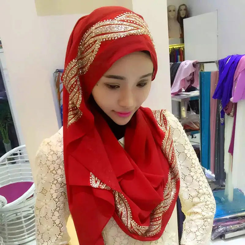 Muslim Chiffon sprinkled gold long scarf - Wine red / 180X70CM