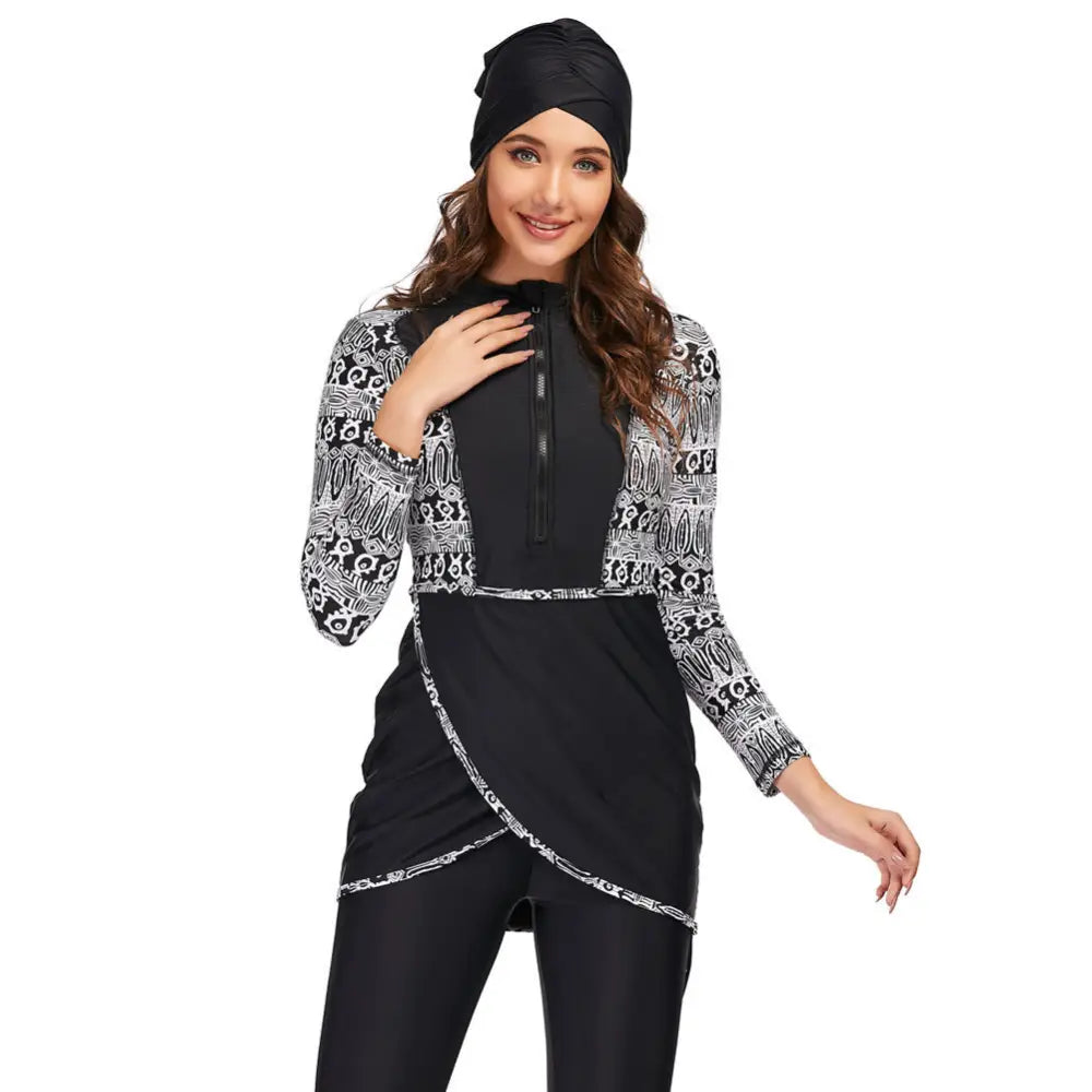 Muslim Ladies Conservative Swimsuit - Zwarte Geometrie / S