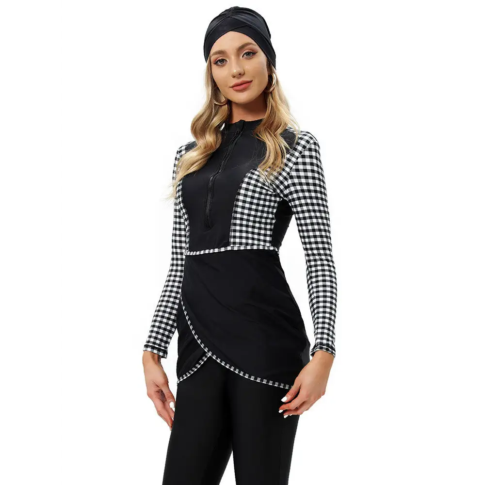 Muslim Swimsuit Long-sleeved Trousers Three-piece Suit - Black And White Plaid / S