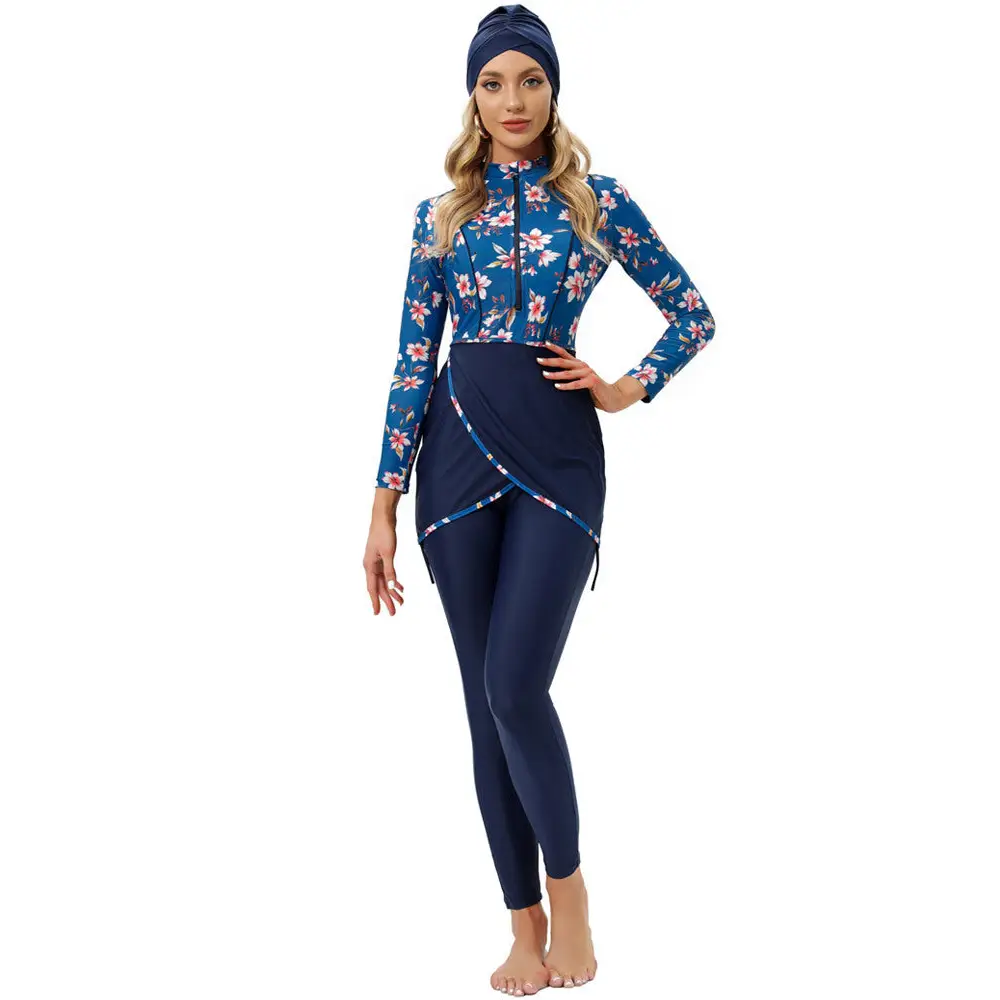 Muslim Swimsuit Long-sleeved Trousers Three-piece Suit - Cherry Blossom / S