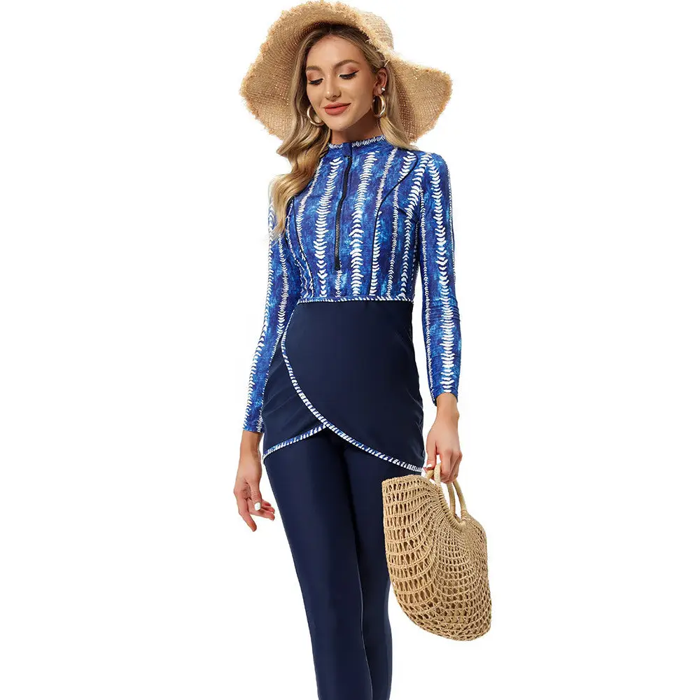 Muslim Swimsuit Long-sleeved Trousers Three-piece Suit - Denim Blue / S
