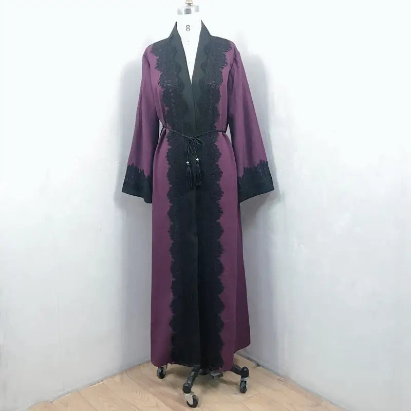 Muslim Women’s Lace Dress Cardigan Robe - Purple / M