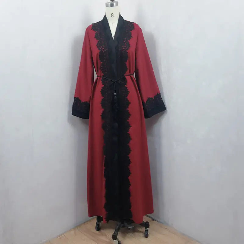 Muslim Women’s Lace Dress Cardigan Robe - Red / M