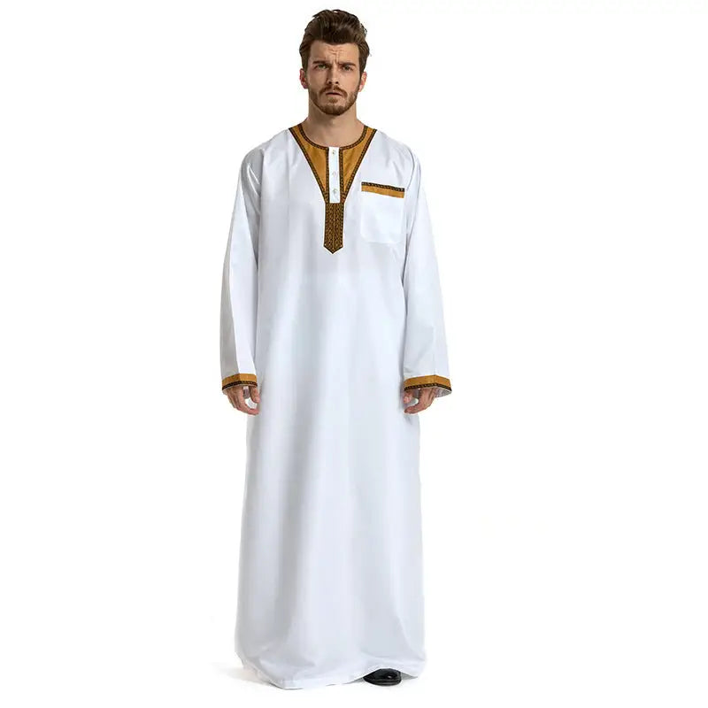Round Neck Stitching Long-Sleeved Muslim Hui Robe Male - White / S