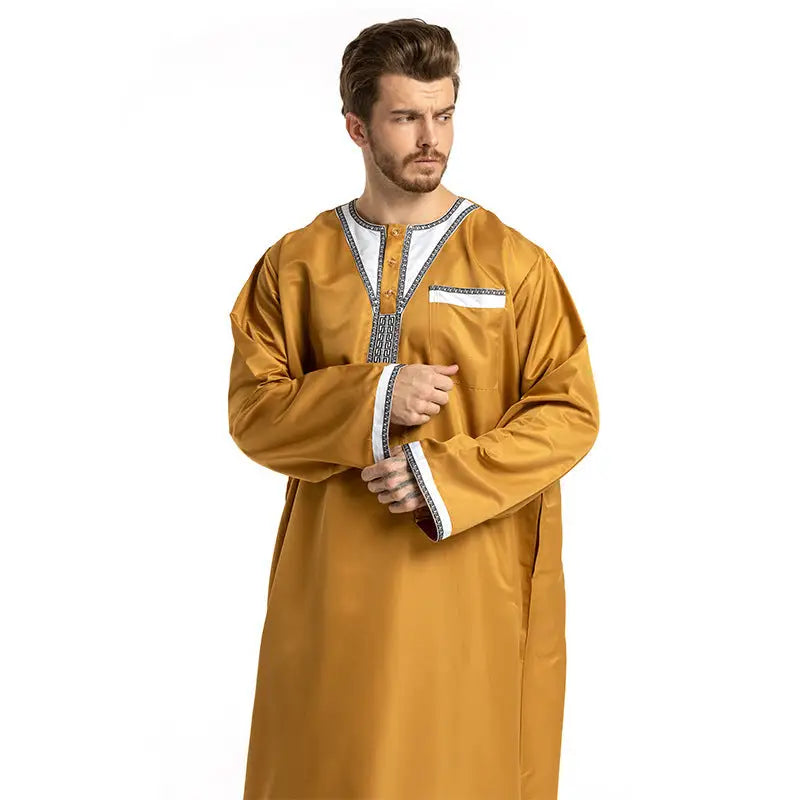 Round Neck Stitching Long-Sleeved Muslim Hui Robe Male - Yellow / S