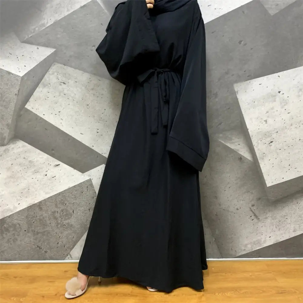 Solid Color Plus Size Lace-up Muslim Dress - Black / S