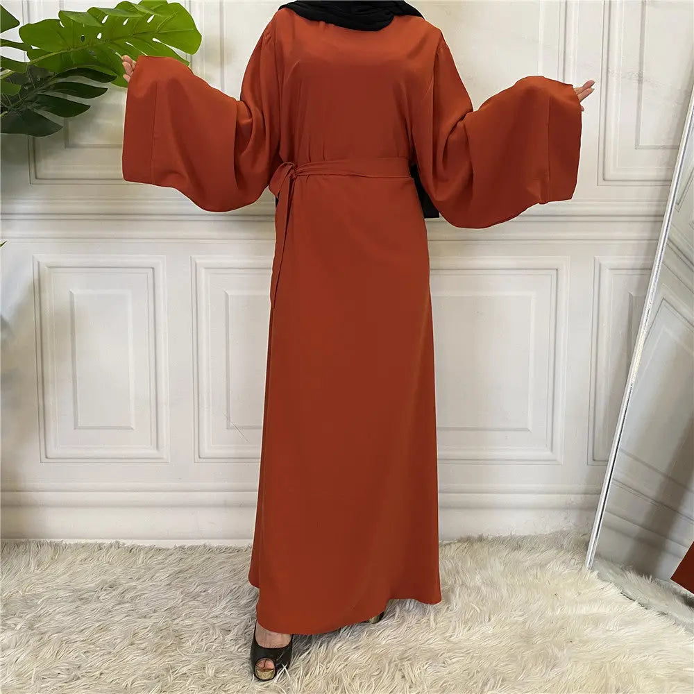 Solid Color Plus Size Lace-up Muslim Dress - Brick red / L