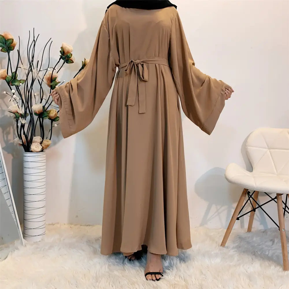 Solid Color Plus Size Lace-up Muslim Dress - Brown / S