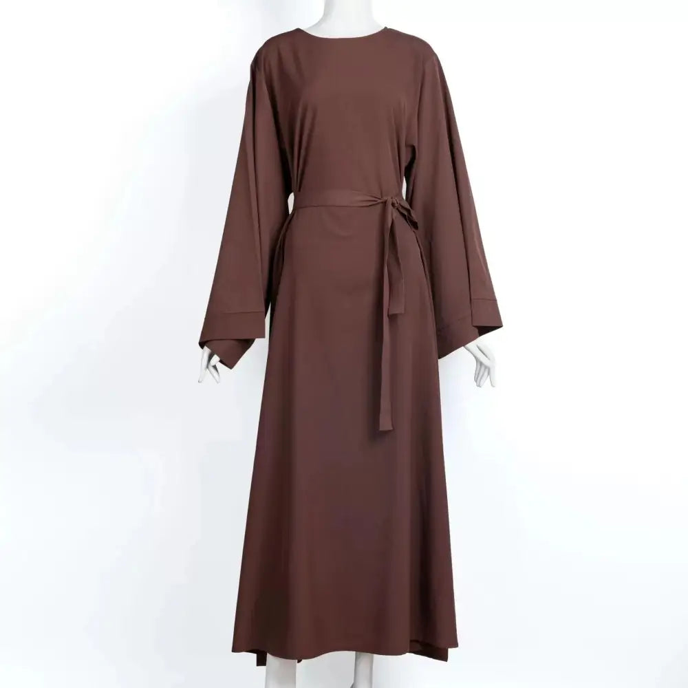 Solid Color Plus Size Lace-up Muslim Dress - Dark brown / L