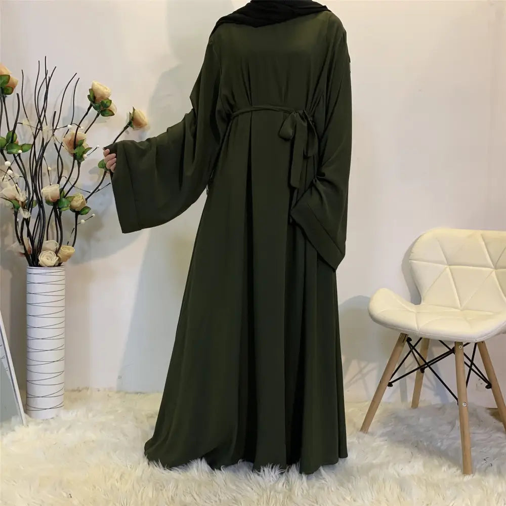 Solid Color Plus Size Lace-up Muslim Dress - Green / S