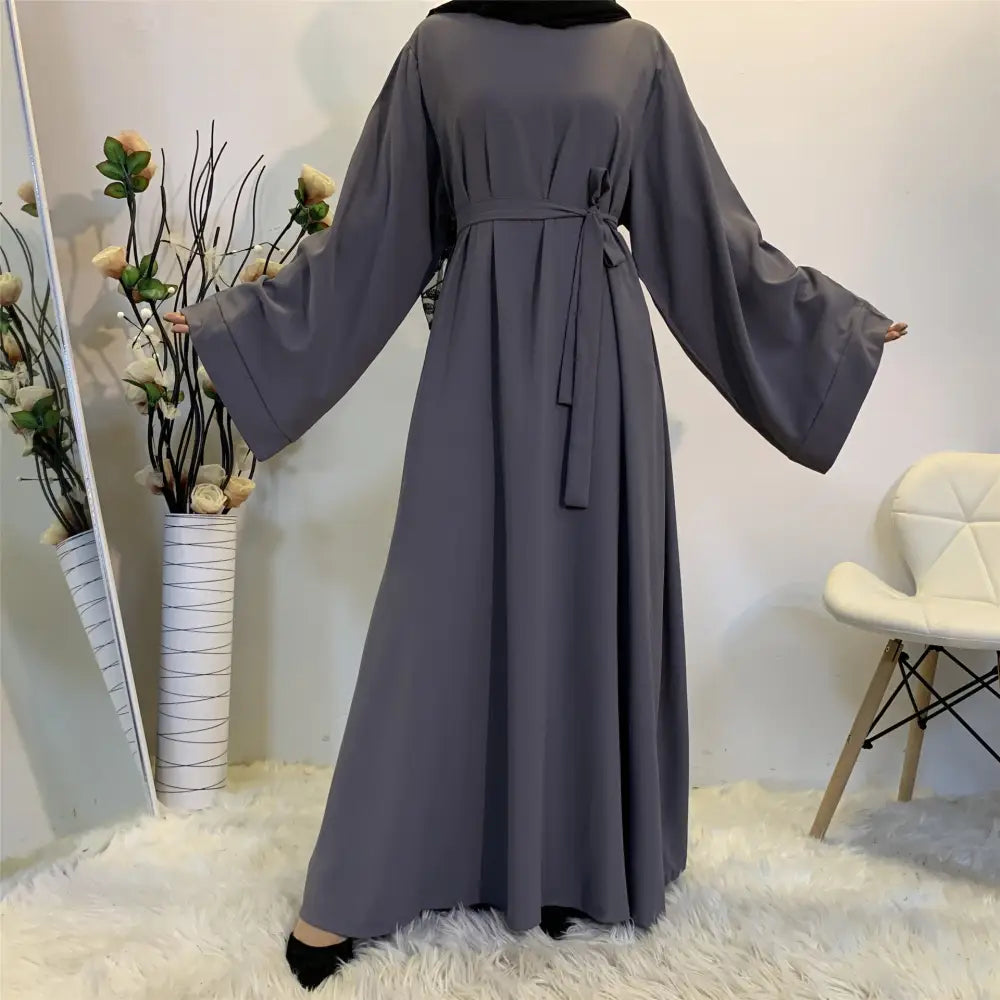 Solid Color Plus Size Lace-up Muslim Dress - Grey / S