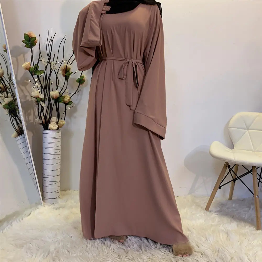 Solid Color Plus Size Lace-up Muslim Dress - Pink / S