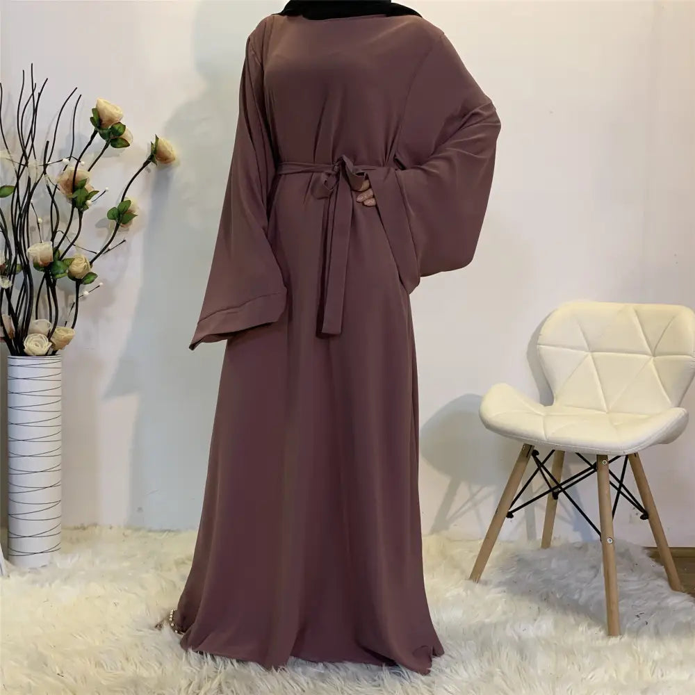 Solid Color Plus Size Lace-up Muslim Dress - Purple / S