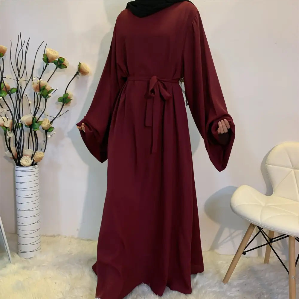 Solid Color Plus Size Lace-up Muslim Dress - Red / S