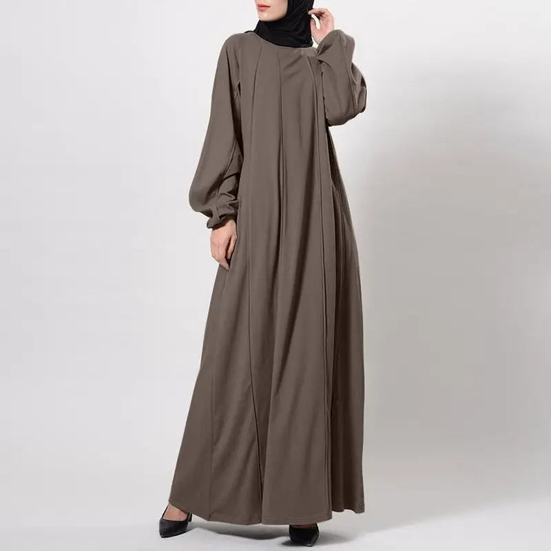 Temperament Commute Solid Color Dress Islamic Muslim Loose Robe - Brown / S