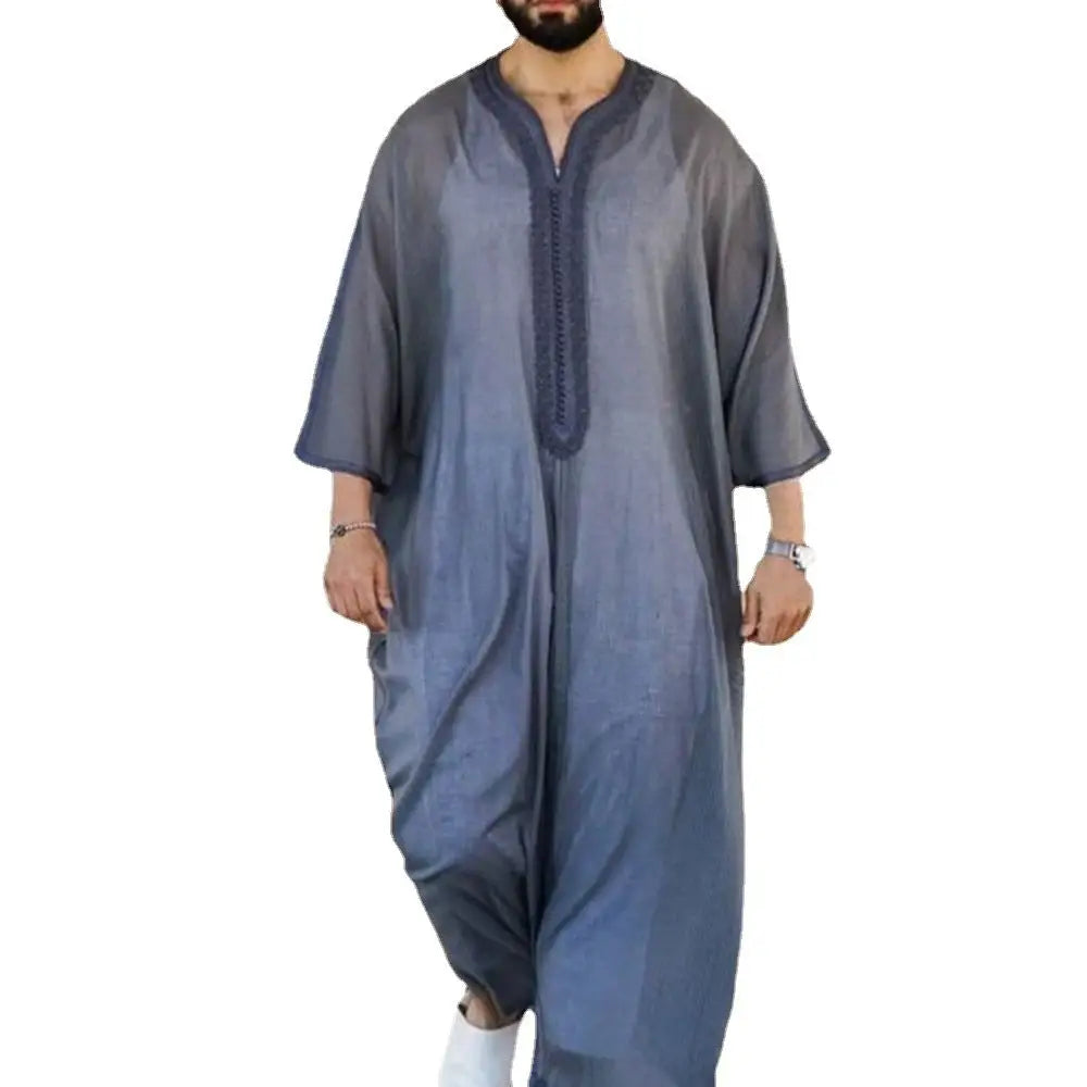Thin Youth Linen Gray Cotton Linen Loose Casual Muslim Robe - Grey / M