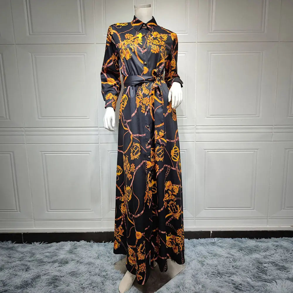 Women’s Middle Eastern Muslim Vintage Print Lace-Up Dress