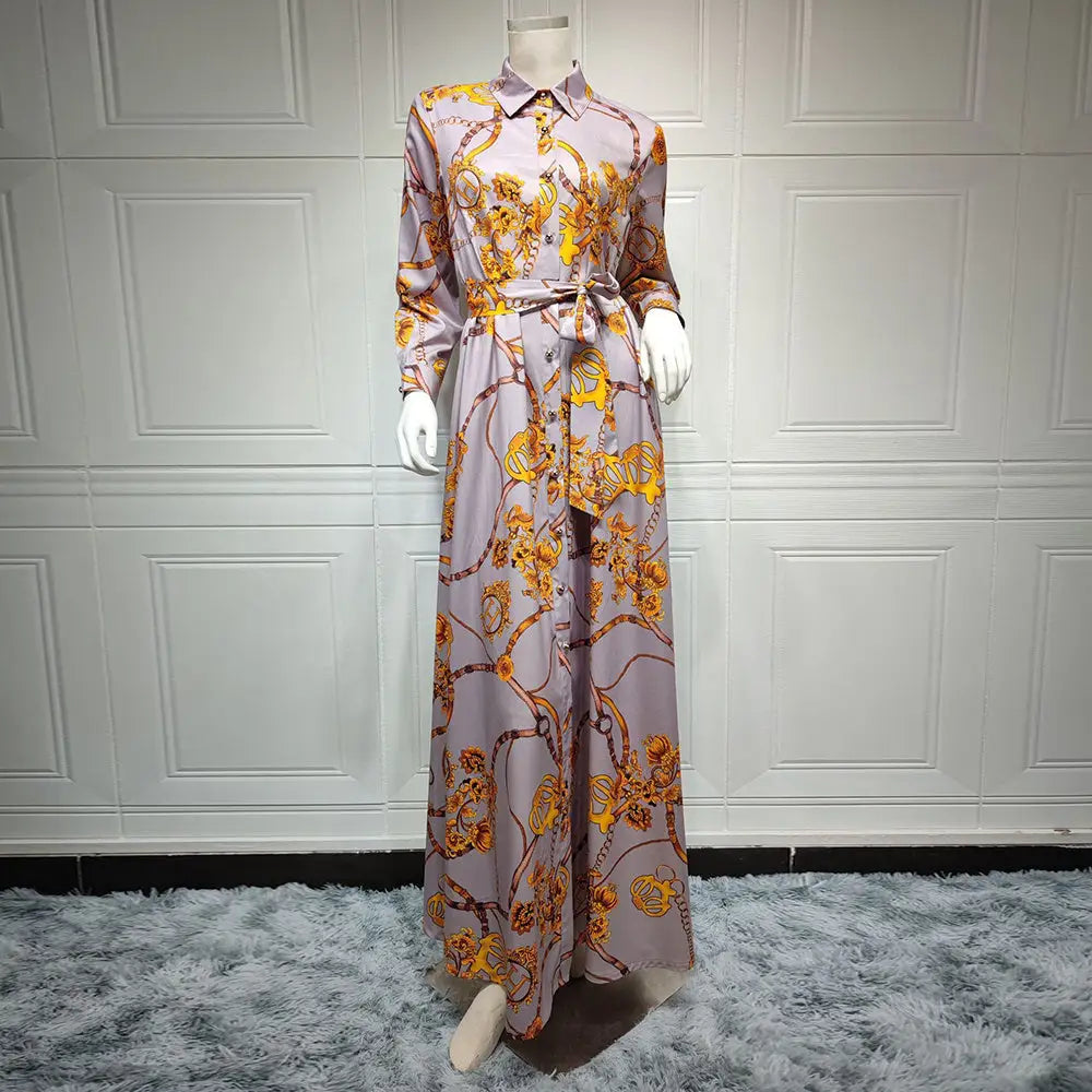 Women’s Middle Eastern Muslim Vintage Print Lace-Up Dress