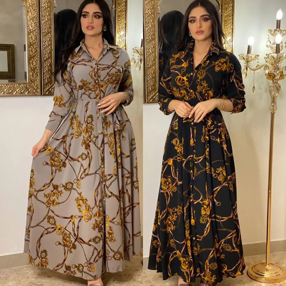 Women’s Middle Eastern Muslim Vintage Print Lace-Up Dress