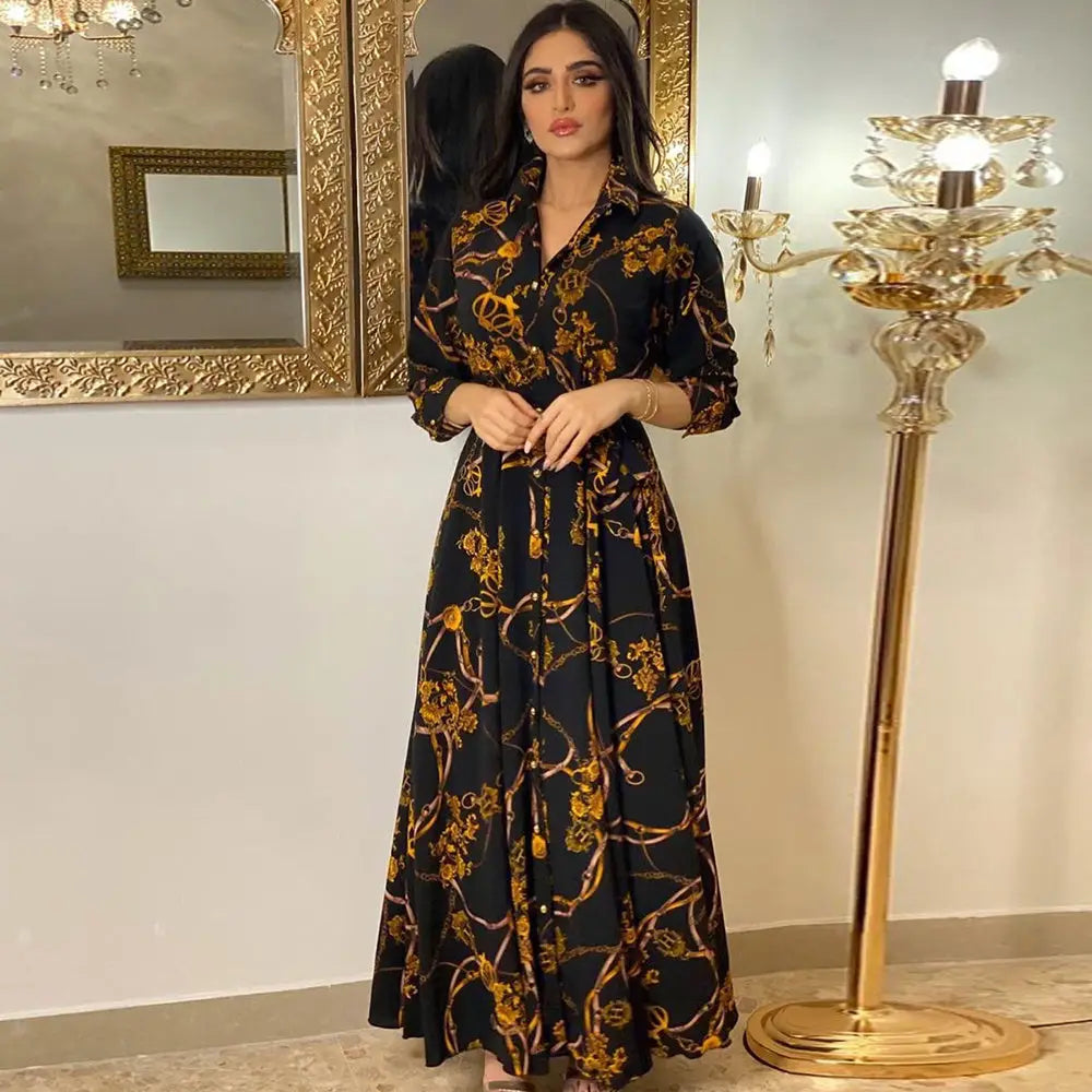 Women’s Middle Eastern Muslim Vintage Print Lace-Up Dress - Black / S